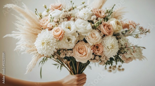 Elegant bouquet of roses and wildflowers held gently against a neutral backgr...