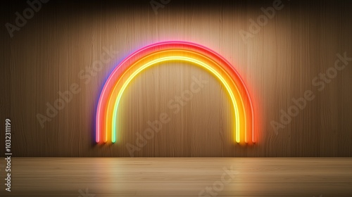 Neon rainbow is lit up on a wooden wall. The rainbow is curved and spans the entire length of the wall. The colors of the rainbow are bright and vibrant, creating a cheerful and uplifting atmosphere photo