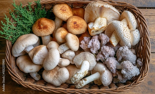 Colorful assortment of fresh mushrooms arranged beautifully in a woven basket...