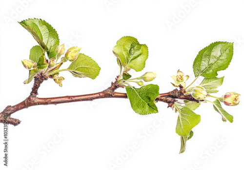 A close-up of a branch with green leaves and buds, isolated on a white background.