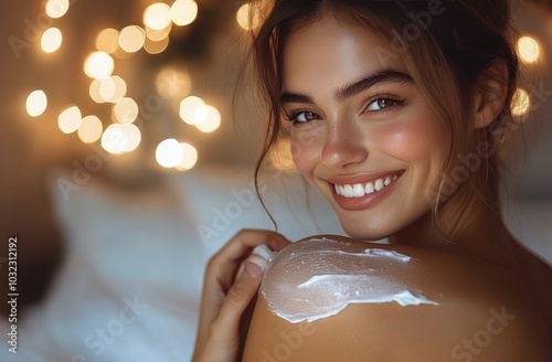 Young woman applying skincare in a modern bedroom during morning light