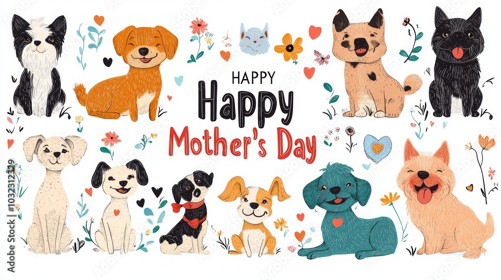 Fototapeta premium A cheerful illustration featuring various dogs celebrating Mother's Day with flowers and hearts.
