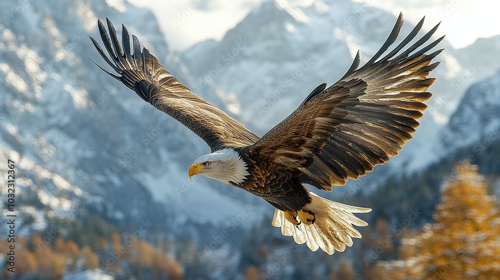 Obraz premium Majestic Bald Eagle Soaring Above Mountain Range