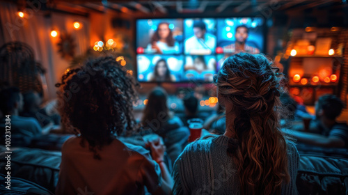 A group of friends watching football together, enjoying snacks and drinks, with a lively atmosphere and all eyes on the TV screen.