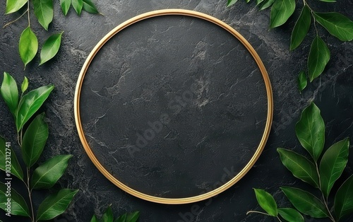 Elegant round frame on dark stone with lush green leaves, perfect for showcasing art or designs. photo