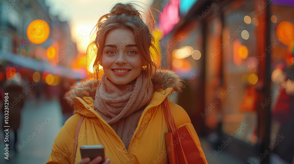 A joyful young woman with shopping bags, checking her phone while strolling through an upscale shopping district. A joyful young woman with shopping bags, checking her phone while strolling through an upscale shopping district.