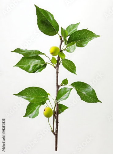 A close-up of a branch with green leaves and small yellow fruits against a white background.