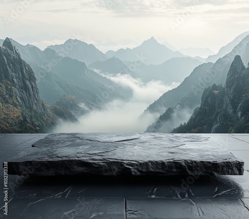 Mysterious platform amid majestic mountains and foggy landscape at dawn