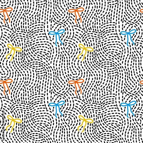 Seamless black dash line and bows on white background. dashed lines. seamless pattern background. Texture for textile, paper, wrapping, bedding, blankets.