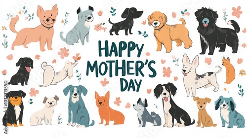 A cheerful illustration of various dogs celebrating Mother's Day with floral accents.