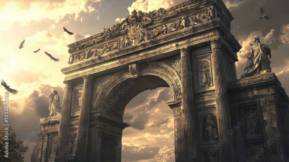 Fototapeta premium Grey granite arch with floral frieze and statues clouds in the background soft light