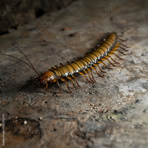 Centipede Crawling on Damp Basement Floor Numerous Legs in Sync Pest Concept with Copy Space