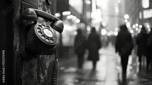 A vintage payphone stands in a bustling city street during a rainy evening