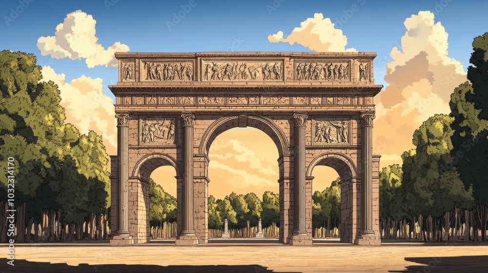 Obraz premium Granite arch with tall columns and Roman victory scenes warm afternoon sunlight casting shadows