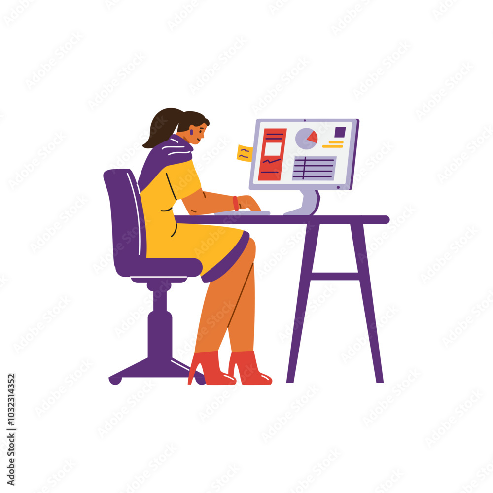 Vector illustration of a Indian woman in a traditional sorry at a computer with graphs Vector illustration of a Indian woman in a traditional sorry at a computer with graphs