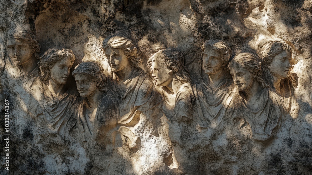 Stone relief with procession of figures in robes dappled sunlight casting shadows on rough surface Stone relief with procession of figures in robes dappled sunlight casting shadows on rough surface