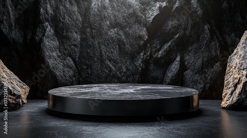 Mysterious circular platform in a shadowy cave illuminated by beams of light ...