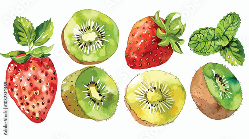 Vibrant Kiwi Fruit, Strawberry, and Mint Watercolor Hand Drawn Illustration