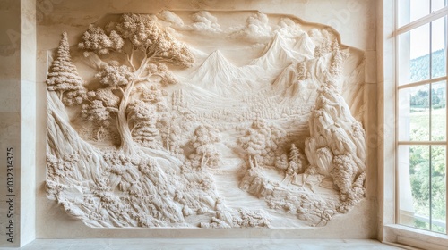 Landscape scene carved in stone trees and rivers detailed sunlight from window highlighting textures photo