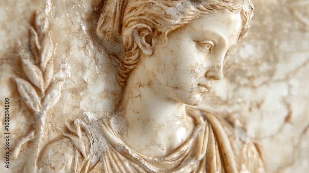 Marble relief of Roman goddess holding olive branch worn surface reflecting soft morning light Marble relief of Roman goddess holding olive branch worn surface reflecting soft morning light