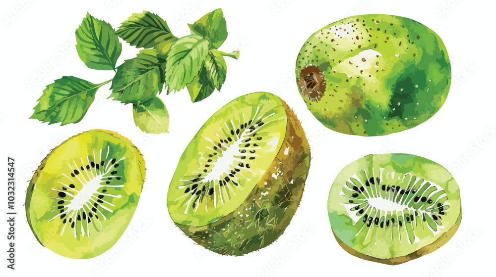 Fototapeta premium Vibrant Kiwi Fruit Watercolor Illustration on Branch