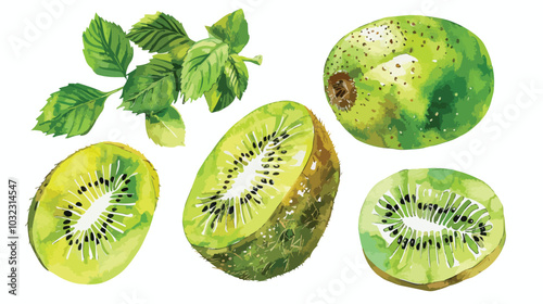 Vibrant Kiwi Fruit Watercolor Illustration on Branch