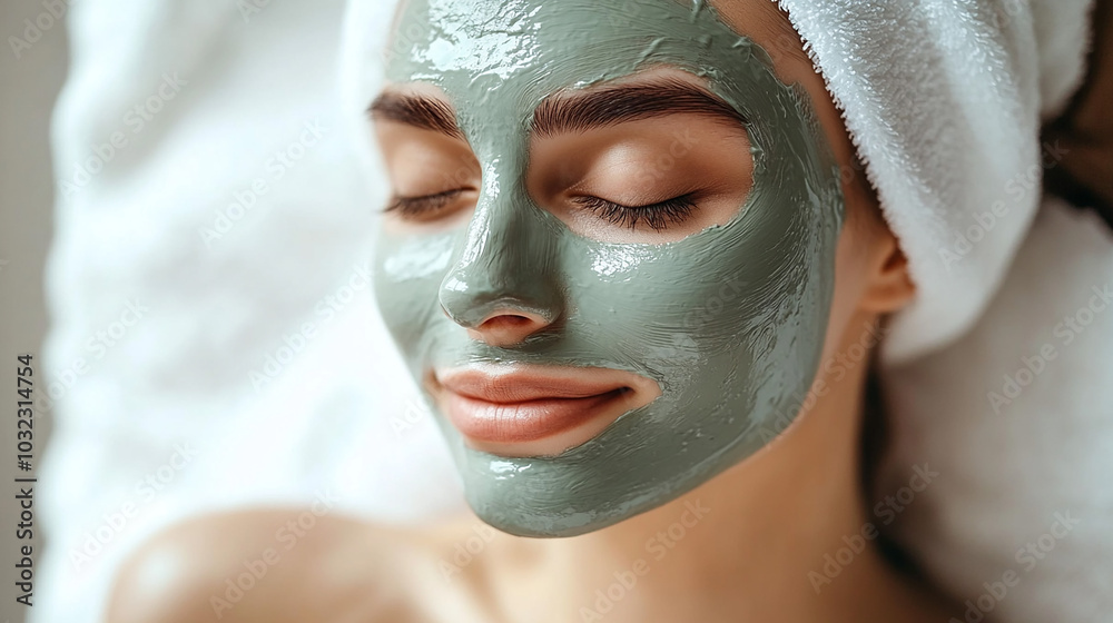 Woman in mask on face in spa beauty salon. Skincare treatment cosmetics, sleeping and calm client with anti aging and skin care with cream and facial lotion with wellness. Woman in mask on face in spa beauty salon. Skincare treatment cosmetics, sleeping and calm client with anti aging and skin care with cream and facial lotion with wellness.