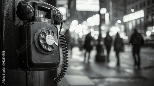 A vintage payphone stands in a bustling city street during a rainy evening