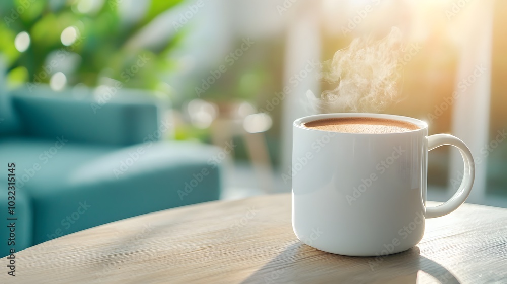 Steaming mug of rich comforting hot cocoa placed on a wooden coffee table in a warm inviting living room setting creating a cozy and peaceful atmosphere perfect for relaxation and leisure Steaming mug of rich comforting hot cocoa placed on a wooden coffee table in a warm inviting living room setting creating a cozy and peaceful atmosphere perfect for relaxation and leisure
