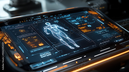 A detailed image of an MRI machine control panel, with illuminated buttons and touch screen controls showing options for different body scans.