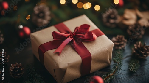 A gift with a red ribbon rests on a table amidst festive holiday decor