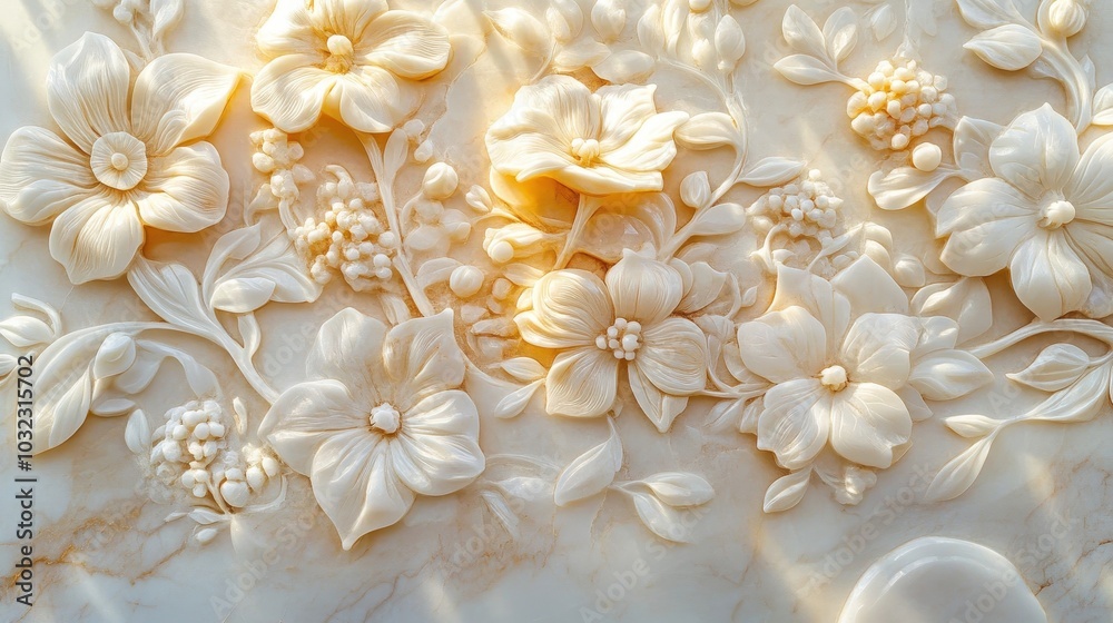 Delicate floral patterns on a marble frieze finely carved with soft morning light Delicate floral patterns on a marble frieze finely carved with soft morning light