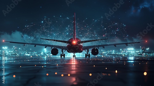 A jetliner is seen on a brightly lit runway at night, with an interconnected grid of digital elements above, highlighting technology and connectivity. photo