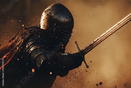 Armored knight wielding a sword in a battle-ready pose

 photo