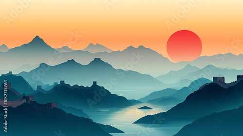 Splendid landscapes the Great Wall, Yellow Rivers, National Day holiday poster background. Peaceful mountain landscape with sunset, lake, and trees, minimalist nature illustration.