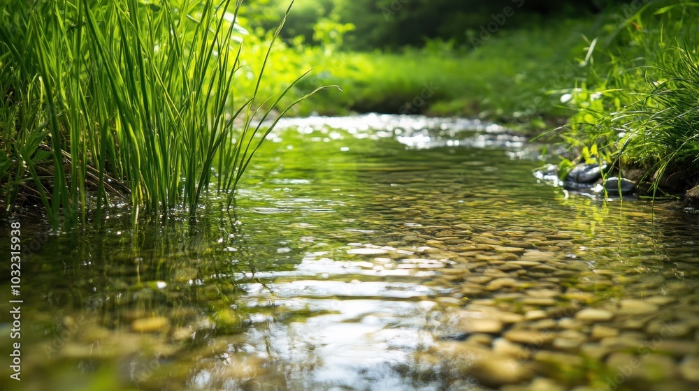 Grass growing along the edge of a clear stream, with detailed reflections in the water Grass growing along the edge of a clear stream, with detailed reflections in the water