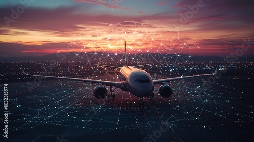 The aircraft stands on the runway, illuminated by warm sunset light with an imaginative digital grid overhead, representing innovation and journey. photo