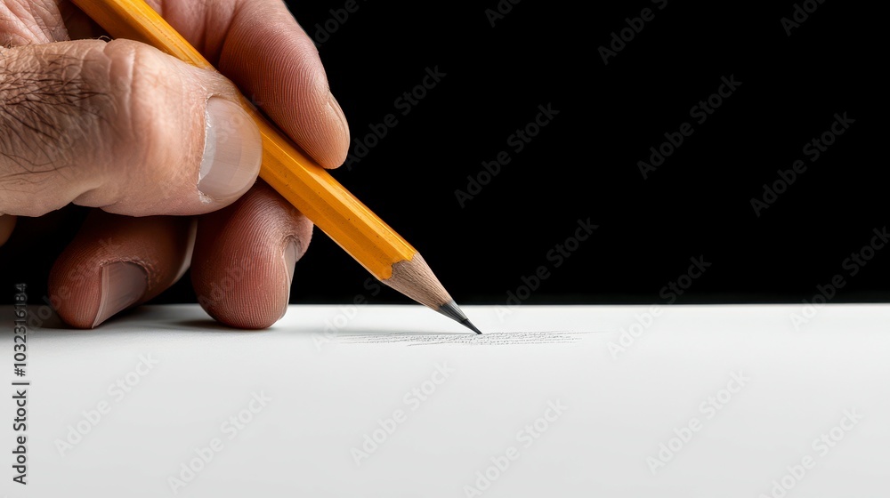 A hand holding a yellow pencil poised over a blank sheet of paper, ready to draw or write. A hand holding a yellow pencil poised over a blank sheet of paper, ready to draw or write.