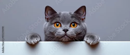 Fototapeta beautiful funny grey British cat peeking out from behind a white table with copy space , isolated on white background,  , free space text, copy space, copy space for text,