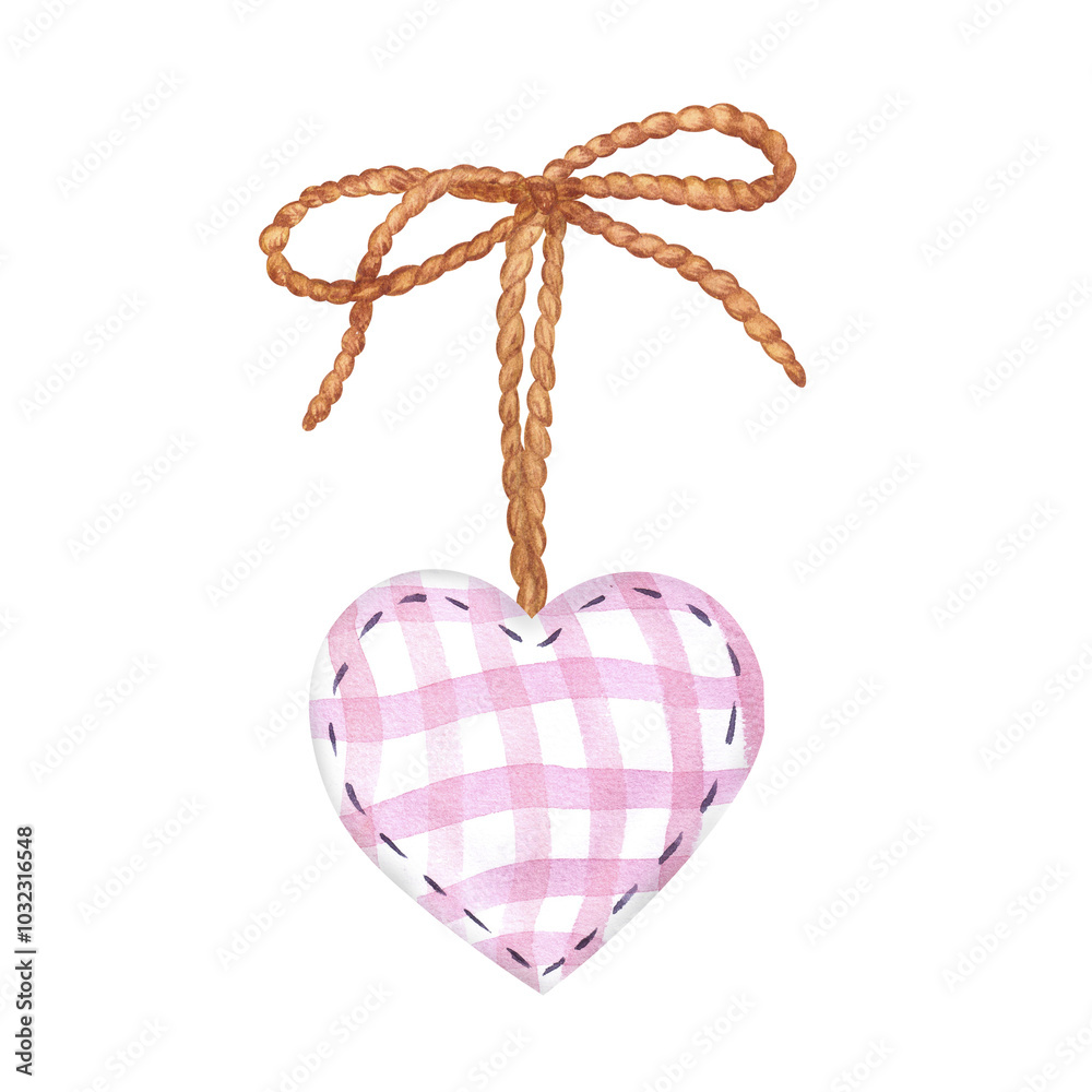 Pendant with fabric heart on jute rope with bow. Isolated composition hand painted with watercolor on white background. Valentine's Day collections. For design, postcards, souvenirs, printing. Pendant with fabric heart on jute rope with bow. Isolated composition hand painted with watercolor on white background. Valentine's Day collections. For design, postcards, souvenirs, printing.