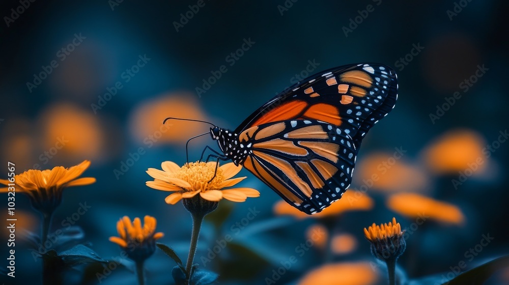 Obraz premium This is a Danaus chrysippus (Plain tiger) butterfly soaring over a daisy flower in a blurred green background with branches and leaves.