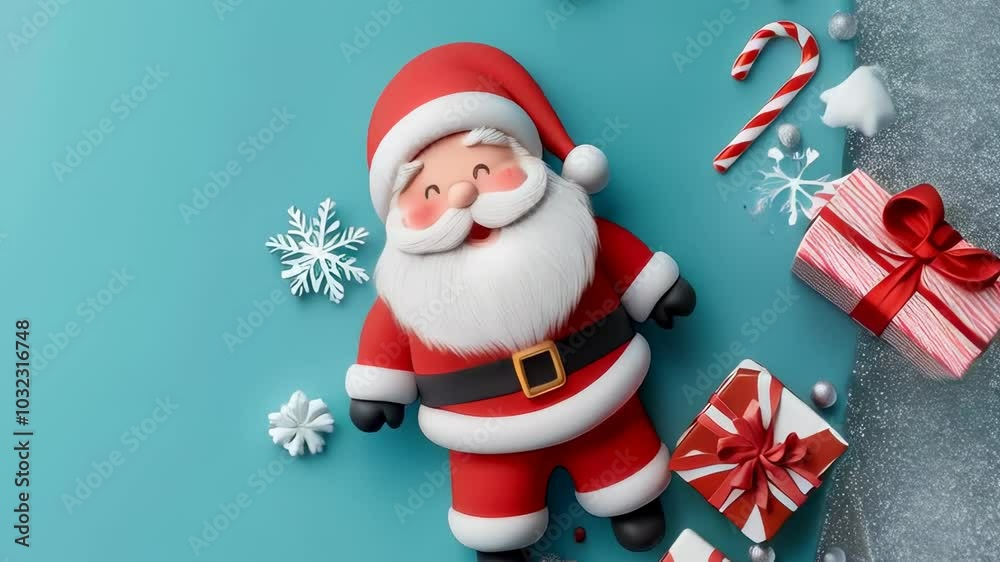 Cheerful Santa Claus in red suit surrounded by festive decorations, snowflakes, candy canes, and gifts creates joyful holiday atmosphere filled with Christmas spirit. Cheerful Santa Claus in red suit surrounded by festive decorations, snowflakes, candy canes, and gifts creates joyful holiday atmosphere filled with Christmas spirit.