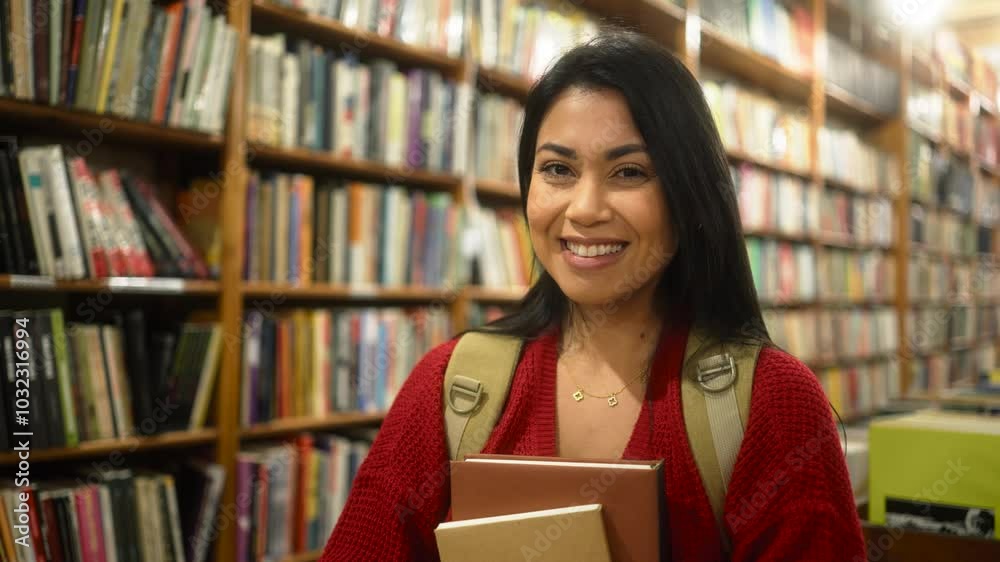 Smiling university student holding books while standing in a cozy bookstore. Cheerful young woman with a backpack enjoying her time in a quiet library filled with books. Smiling university student holding books while standing in a cozy bookstore. Cheerful young woman with a backpack enjoying her time in a quiet library filled with books.
