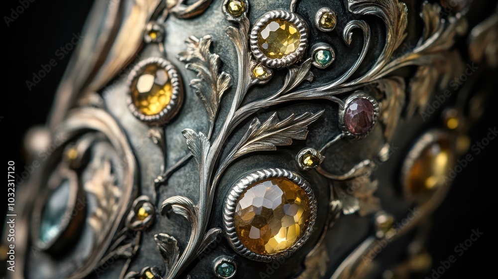 Fototapeta premium Inlaid gemstones and gold accents on a silver column softly highlighting the sparkle