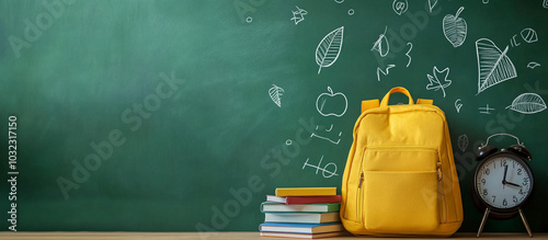 Educational Still Life with Yellow Backpack, Books, and Alarm Clock on Green Background .