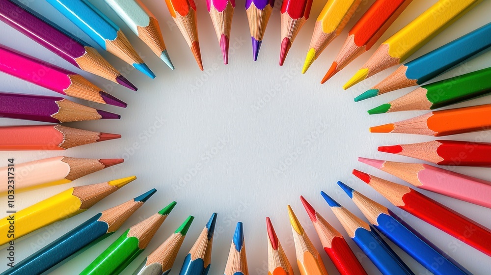 Colorful pencils arranged in a circular pattern on a white background Generative AI Colorful pencils arranged in a circular pattern on a white background Generative AI