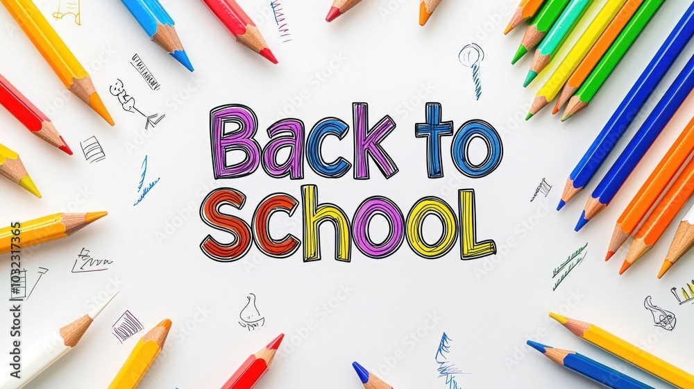Back to School text with colorful pencils and school supplies on a white background Generative AI Back to School text with colorful pencils and school supplies on a white background Generative AI