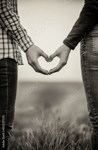 Hands forming a heart shape against a soft focus natural background in black ...