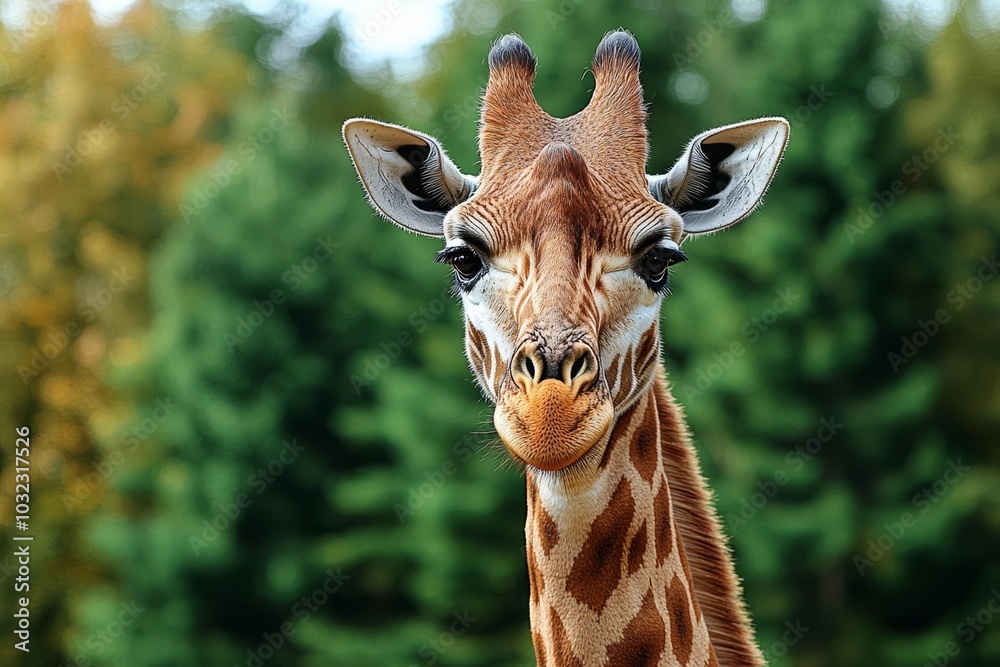 Obraz premium Close-up of a giraffe in front of some green trees, looking at the camera as if to say You looking at me? With space for text