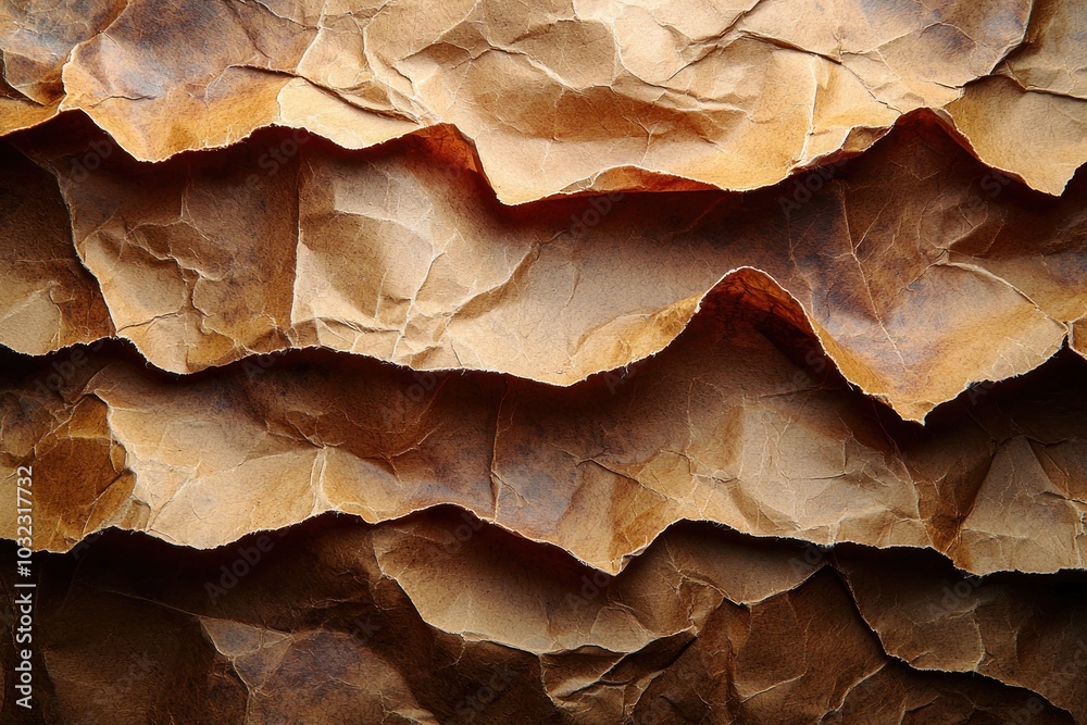 Crumpled brown paper texture with layered folds and shadows in an abstract pattern Generative AI Crumpled brown paper texture with layered folds and shadows in an abstract pattern Generative AI